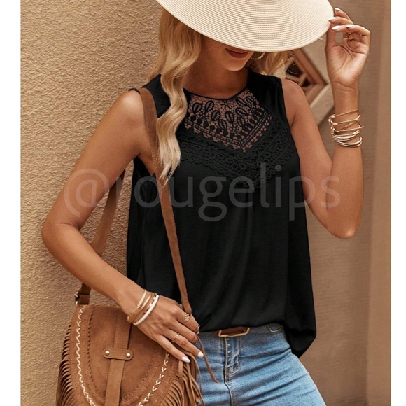 Black Guipure Crochet Detail Long Tank Top Loose Fit - Picture 1 of 7